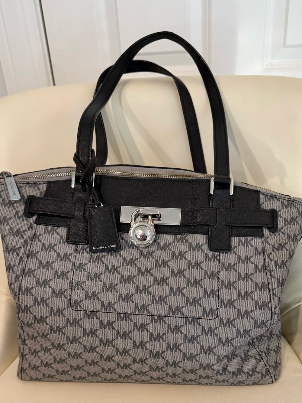 Michael Kors Gray and Black MK Signature Tote with Silver Lock